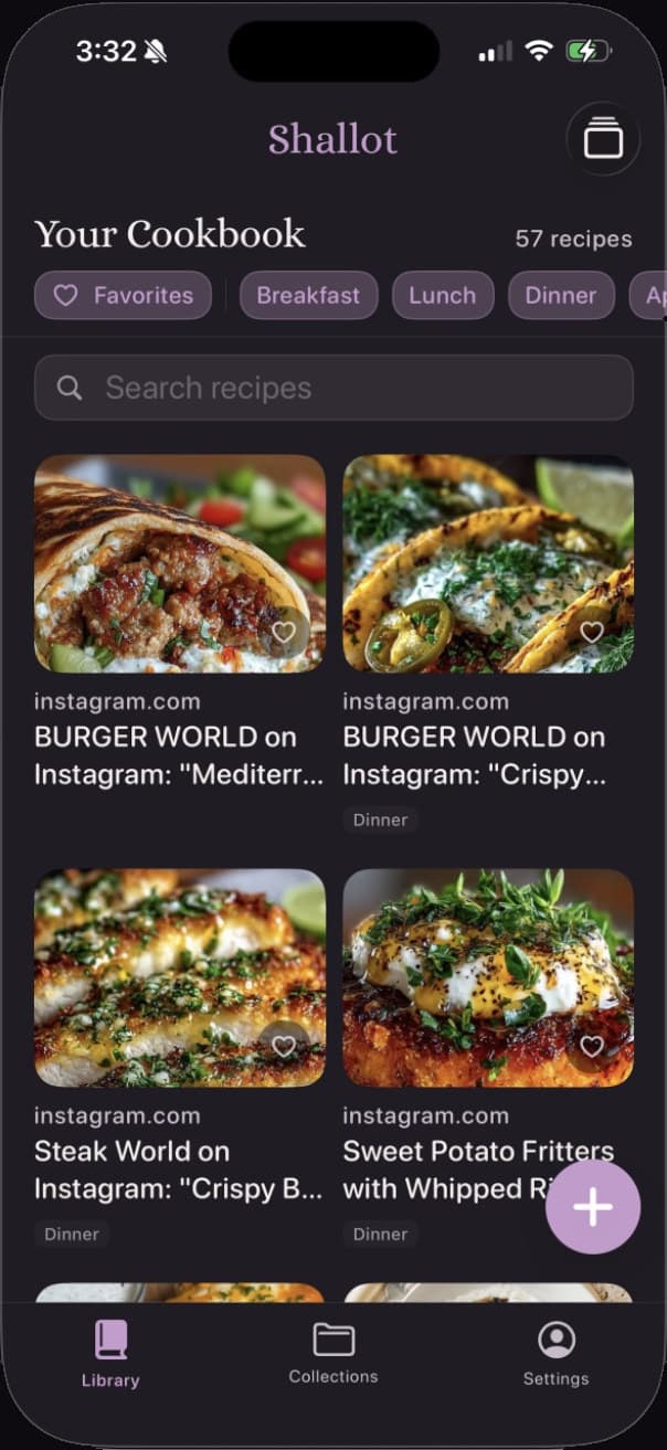 Shallot's Your Cookbook screen: a grid of 57 saved recipes with filter chips for Favorites, Breakfast, Lunch, and Dinner