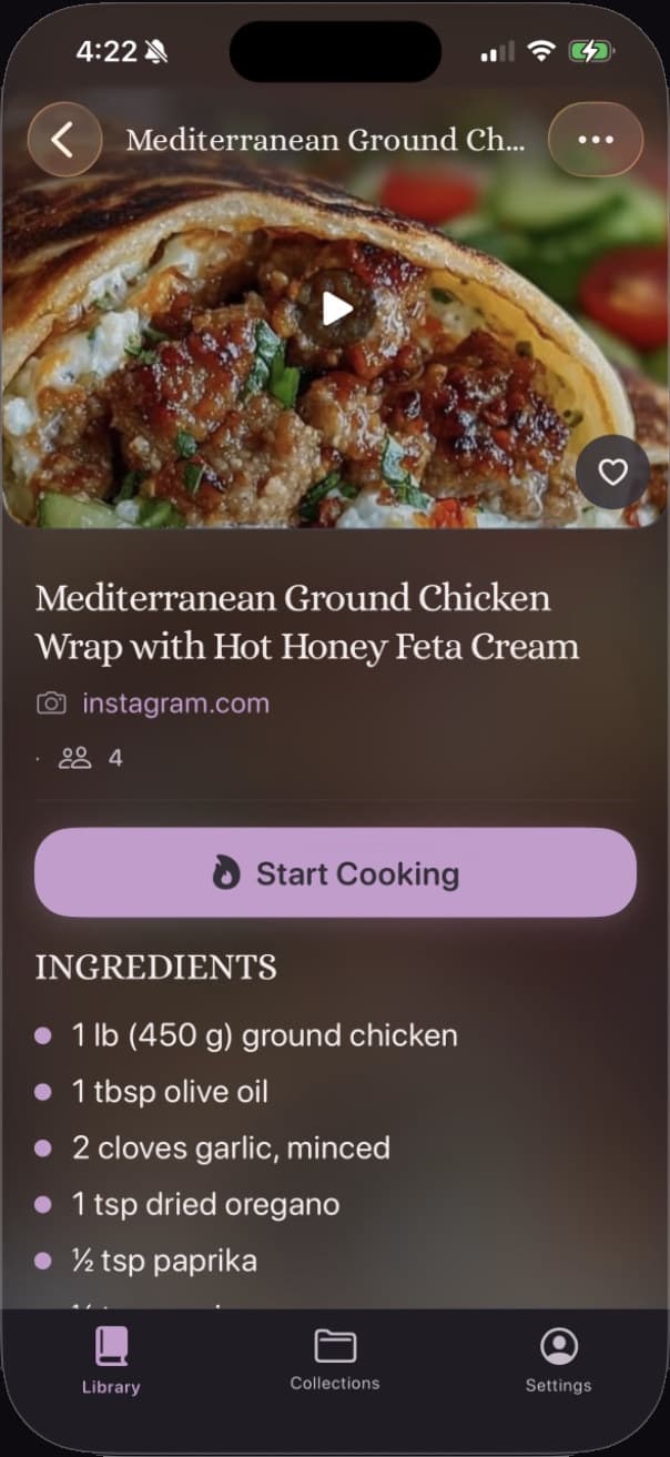 Shallot's Cook Mode: the Mediterranean wrap recipe displayed in a clean, step-by-step format with the original source preserved