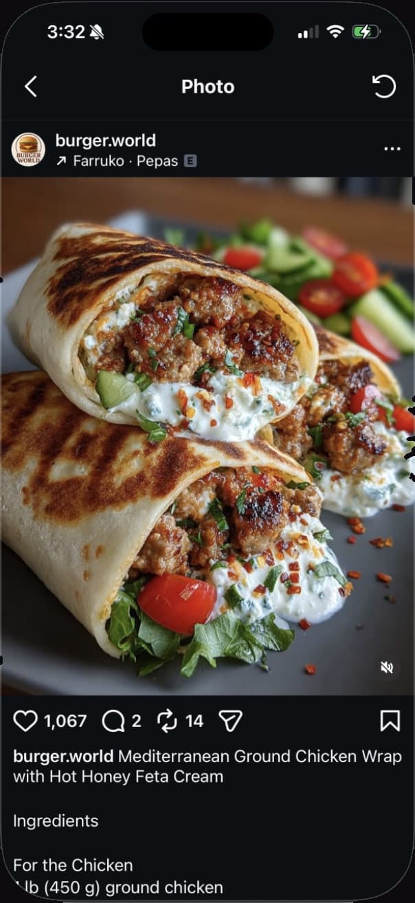 Instagram post of a Mediterranean ground chicken wrap recipe by burger.world