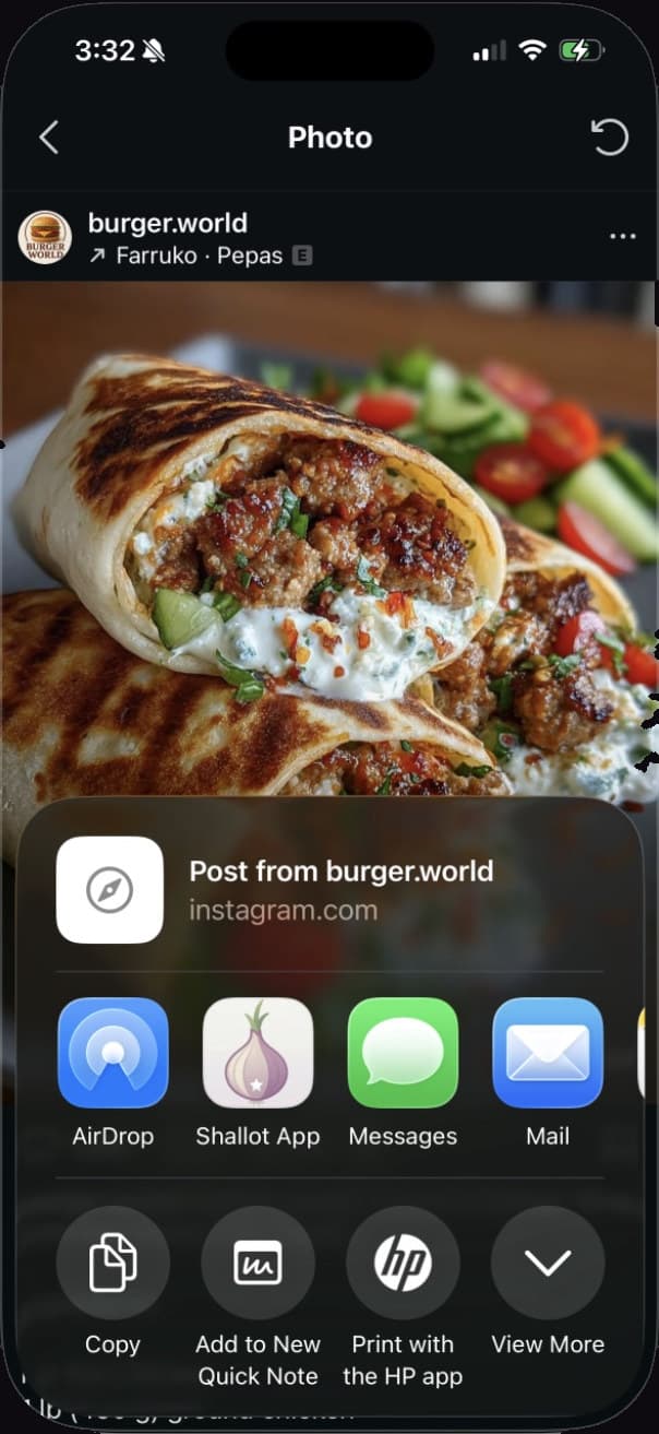 iOS share sheet with the Shallot app ready to save the recipe