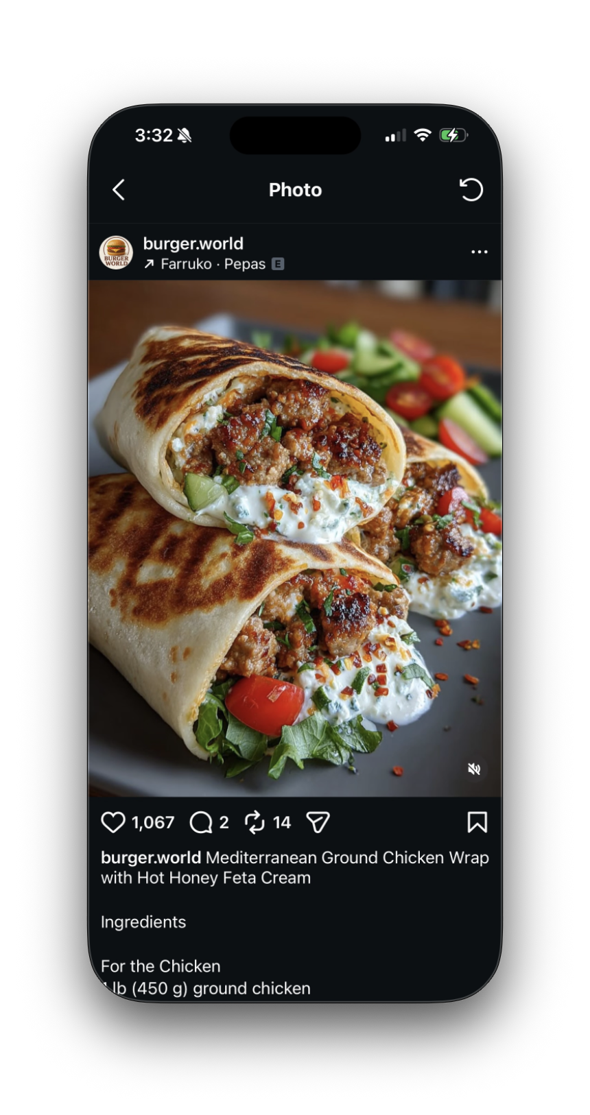 An Instagram Reel from burger.world showing a Mediterranean ground chicken wrap recipe